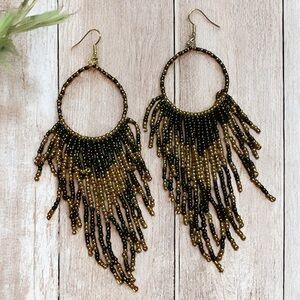 Beaded Fringe Hoop Earrings - Black & Gold